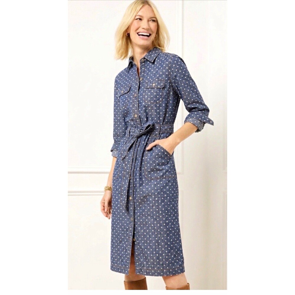 Talbots Blue/White Polka Dot Chambray Shirt Dress Belted Pockets Cotton 10